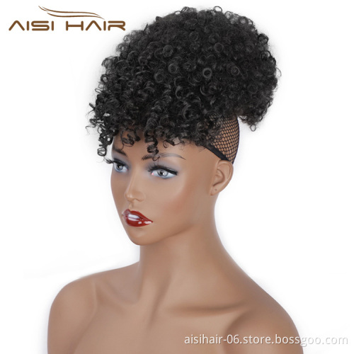 Aisi Hair New Design Kinky Curly Puff Black Color Hair Bun With Bangs Afro Short Curly Synthetic Hair Extension For Black Women